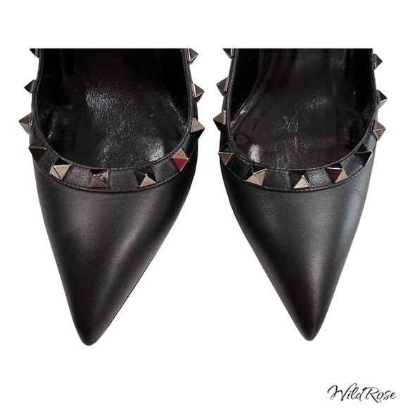VALENTINO GARAVANI Black Noir Leather Pointy Toe Rockstud Heels SZ 37.5 - Picture 6 of 17